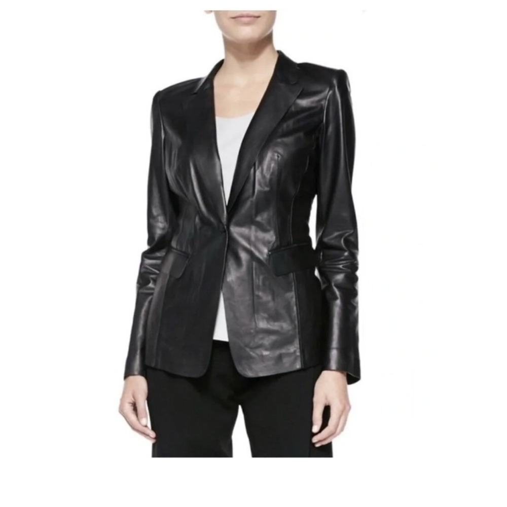 Lafayette 148 Women Black Leather Lace Back Single Button Blazer 4